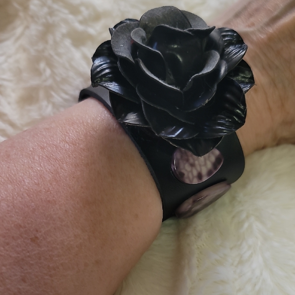 Black Leather Bracelet with Rose Accent